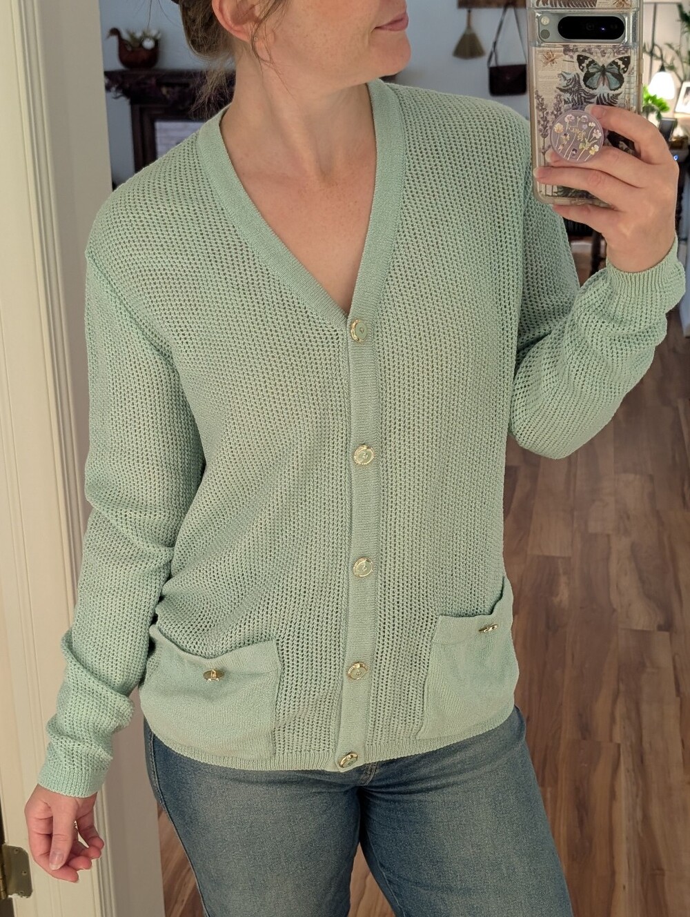 St. John Mint Green Button Up V-neck Cardigan Sweater - Size Small